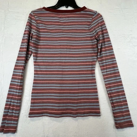 Madewell Womens Shirt Fine Ribbed Henley Tee Striped Vneck Preppy Size Medium - Picture 2 of 8